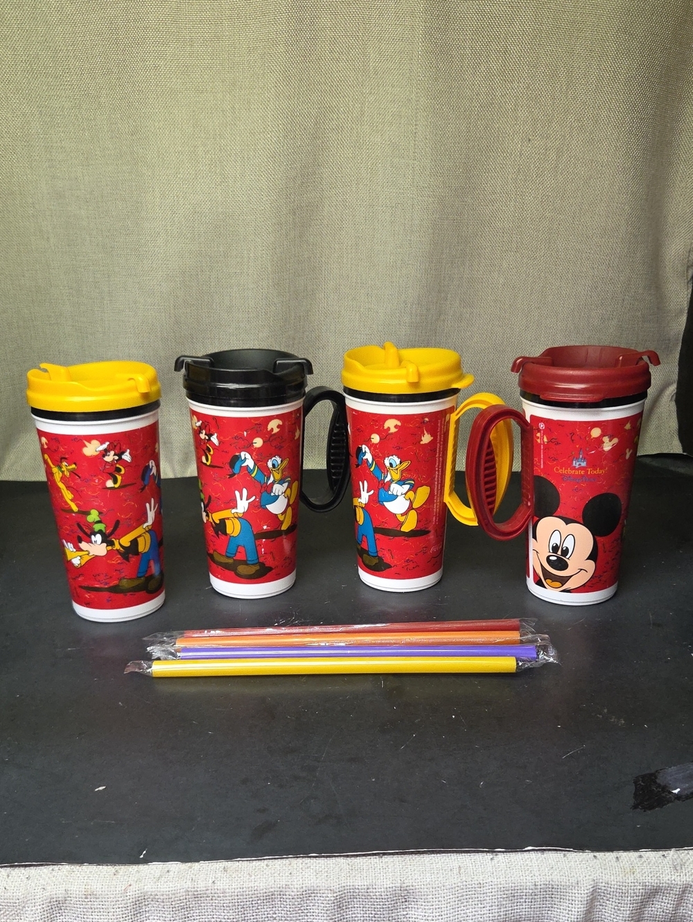 Disney Mickey Mouse Club Whirley Drink Works Coca Cola Mugs‎ with Lids Lot of 4